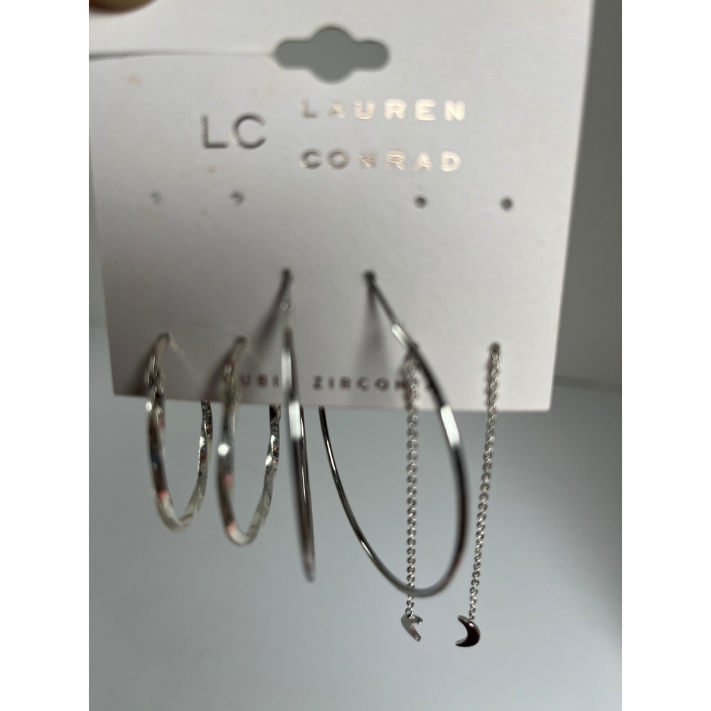 LC Lauren‎ Conrad Silver Tone Hoop Earring Set Crescent Moon Chain 3 Pairs NEW